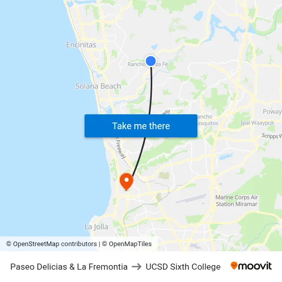 Paseo Delicias & La Fremontia to UCSD Sixth College map