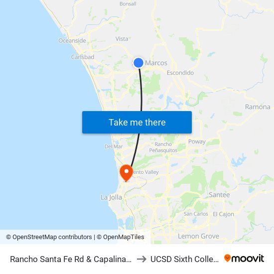 Rancho Santa Fe Rd & Capalina Rd to UCSD Sixth College map