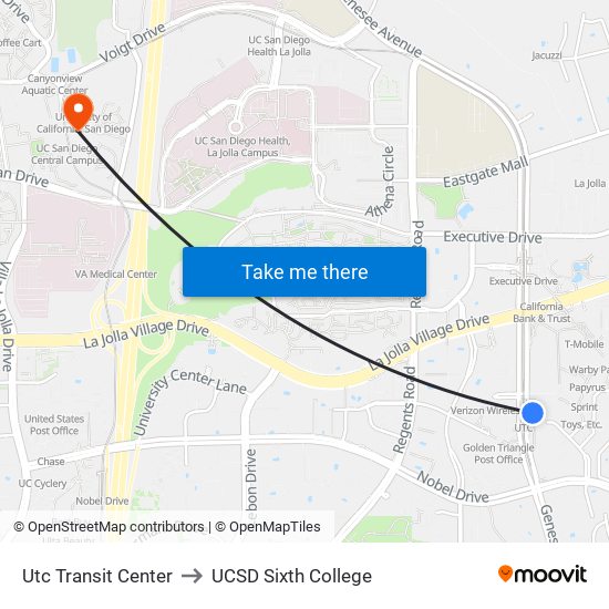 Utc Transit Center to UCSD Sixth College map