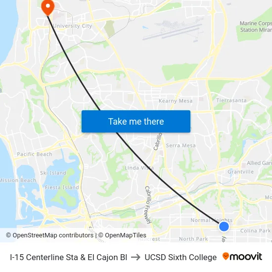 I-15 Centerline Sta & El Cajon Bl to UCSD Sixth College map