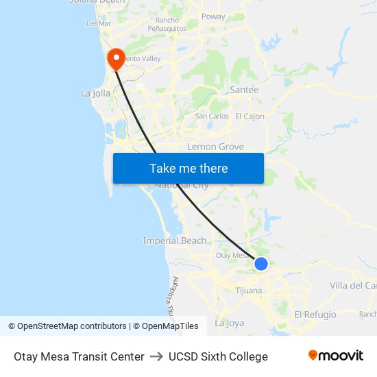 Otay Mesa Transit Center to UCSD Sixth College map