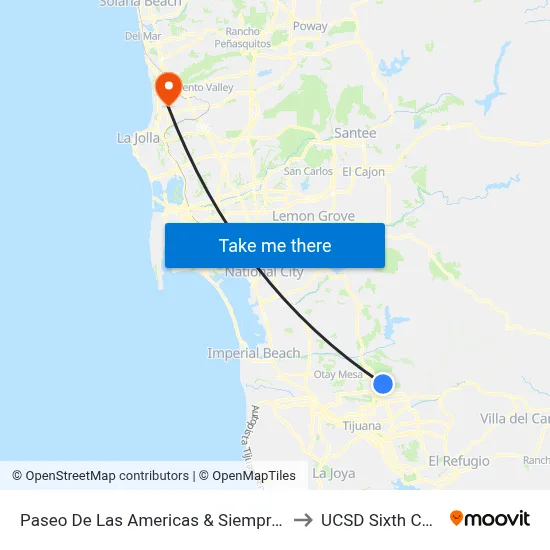 Paseo De Las Americas & Siempre Viva Rd to UCSD Sixth College map