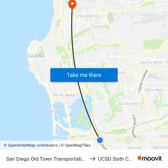 San Diego Old Town Transportation Center to UCSD Sixth College map