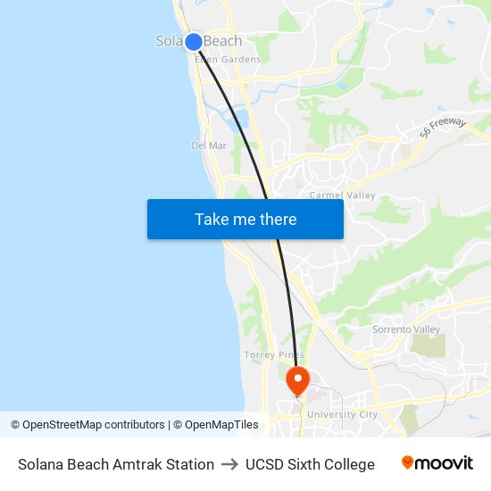 Solana Beach Amtrak Station to UCSD Sixth College map