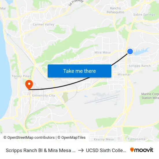 Scripps Ranch Bl & Mira Mesa Bl to UCSD Sixth College map