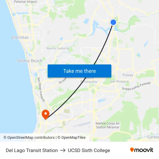 Del Lago Transit Station to UCSD Sixth College map