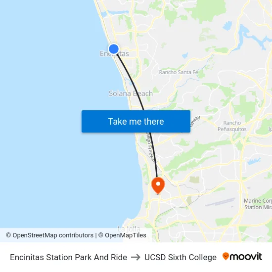 Encinitas Station Park And Ride to UCSD Sixth College map
