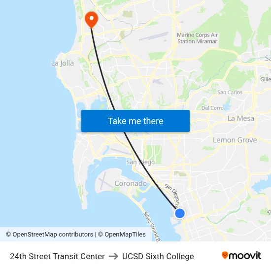 24th Street Transit Center to UCSD Sixth College map