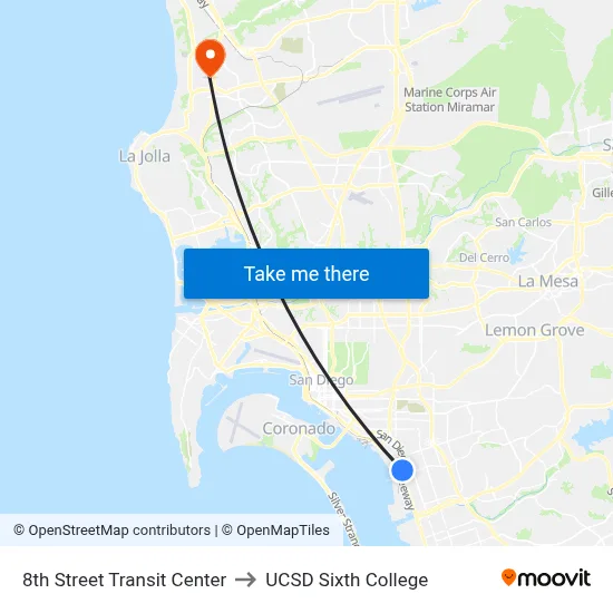 8th Street Transit Center to UCSD Sixth College map