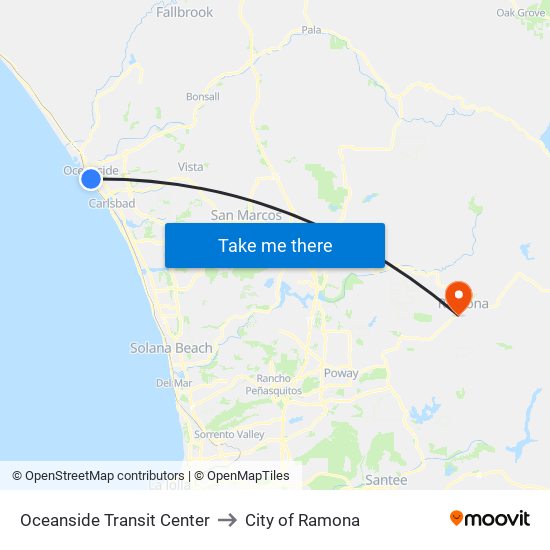 Oceanside Transit Center to City of Ramona map