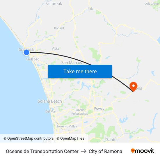 Oceanside Transportation Center to City of Ramona map