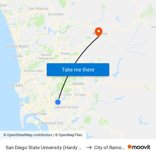 San Diego State University (Hardy Ave) to City of Ramona map