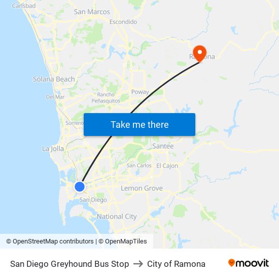 San Diego Greyhound Bus Stop to City of Ramona map