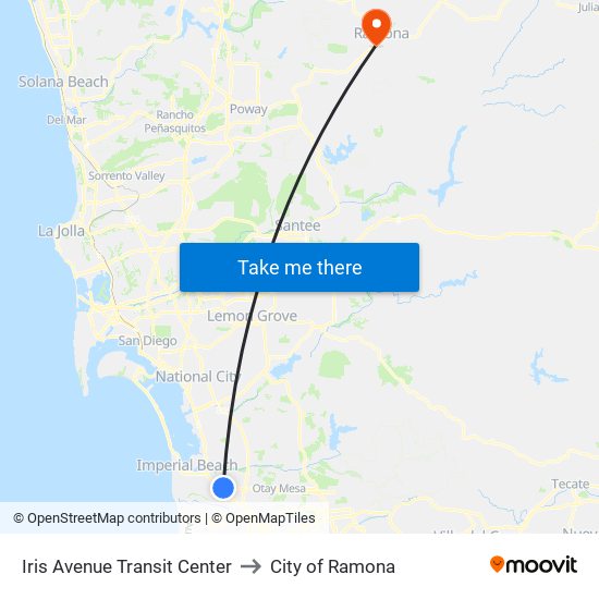 Iris Avenue Transit Center to City of Ramona map