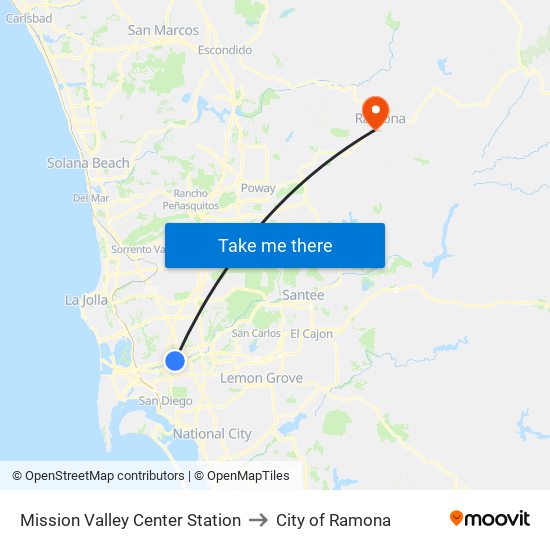 Mission Valley Center Station to City of Ramona map