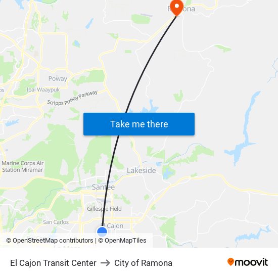 El Cajon Transit Center to City of Ramona map