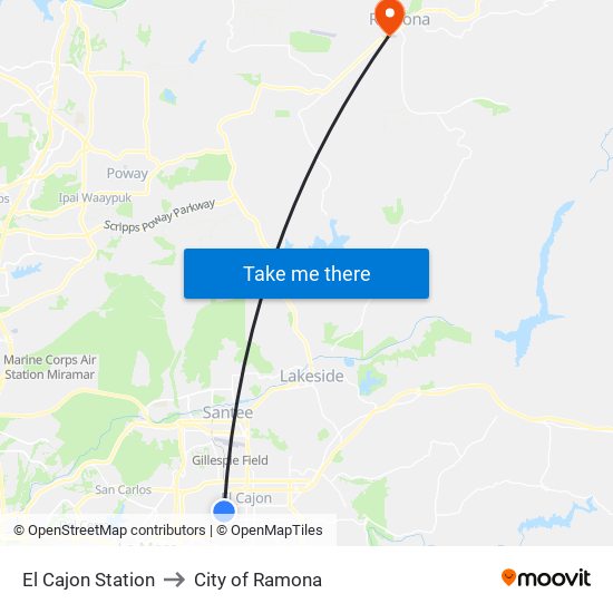 El Cajon Station to City of Ramona map