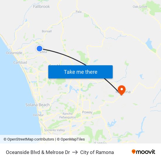 Oceanside Blvd & Melrose Dr to City of Ramona map