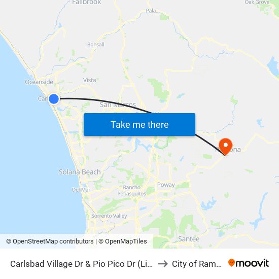 Carlsbad Village Dr & Pio Pico Dr (Library) to City of Ramona map