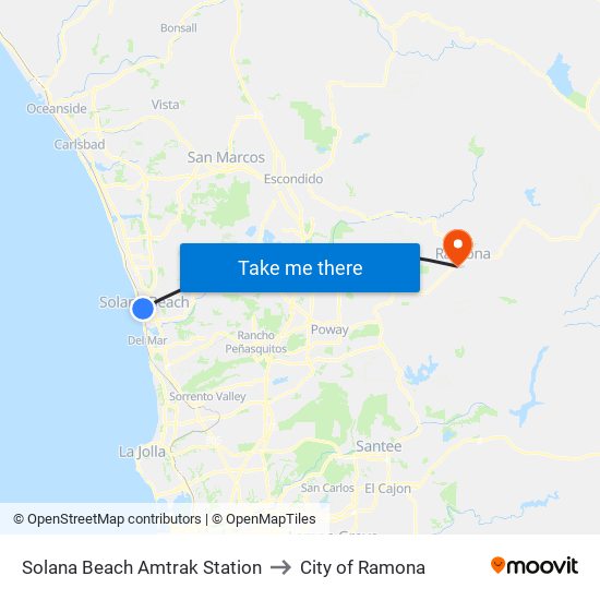 Solana Beach Amtrak Station to City of Ramona map