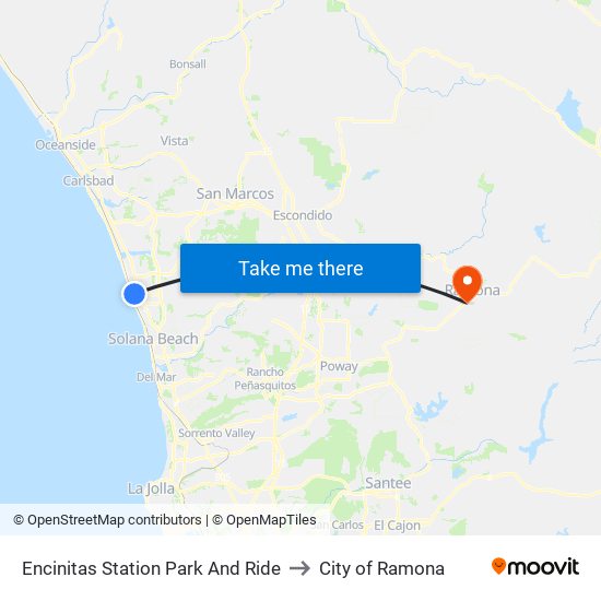 Encinitas Station Park And Ride to City of Ramona map