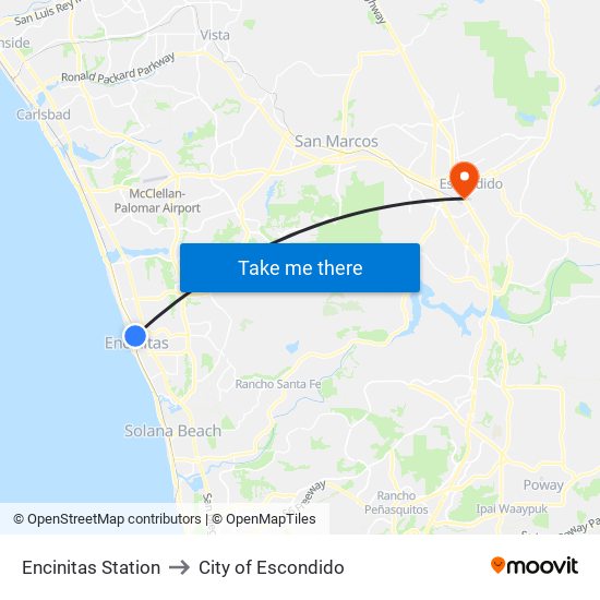 Encinitas Station to City of Escondido map