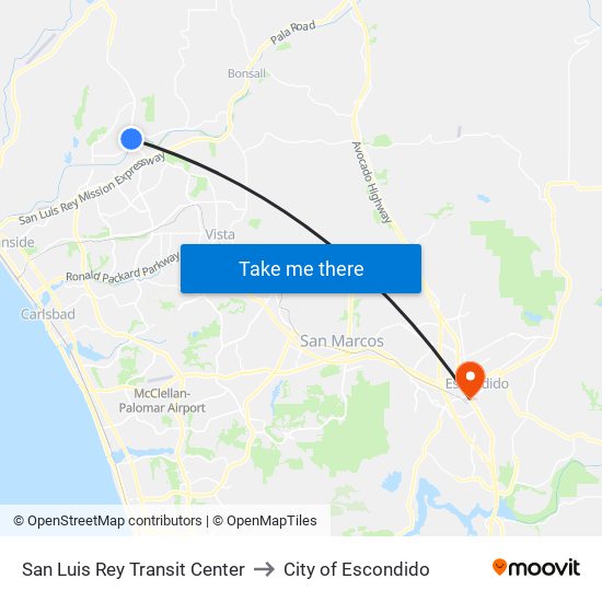 San Luis Rey Transit Center to City of Escondido map