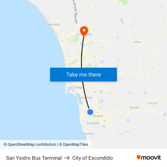 San Ysidro Bus Terminal to City of Escondido map