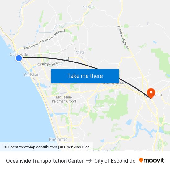 Oceanside Transportation Center to City of Escondido map