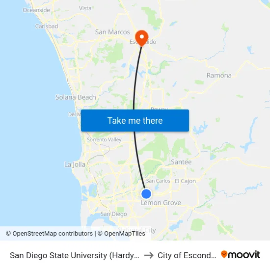 San Diego State University (Hardy Ave) to City of Escondido map