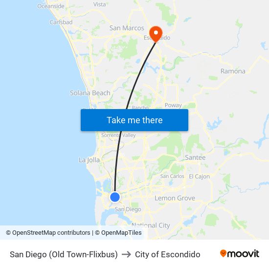 San Diego (Old Town-Flixbus) to City of Escondido map