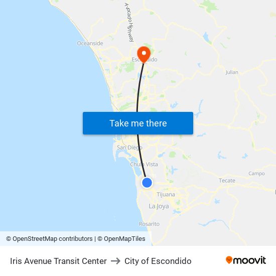 Iris Avenue Transit Center to City of Escondido map