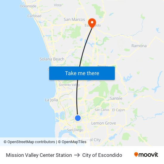 Mission Valley Center Station to City of Escondido map