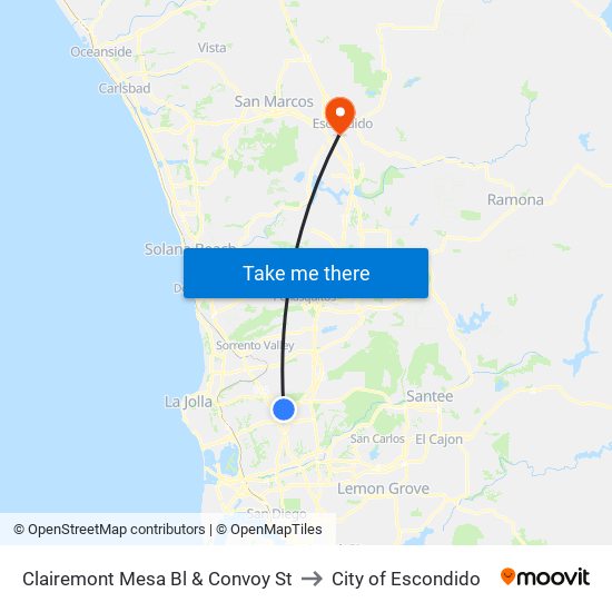 Clairemont Mesa Bl & Convoy St to City of Escondido map