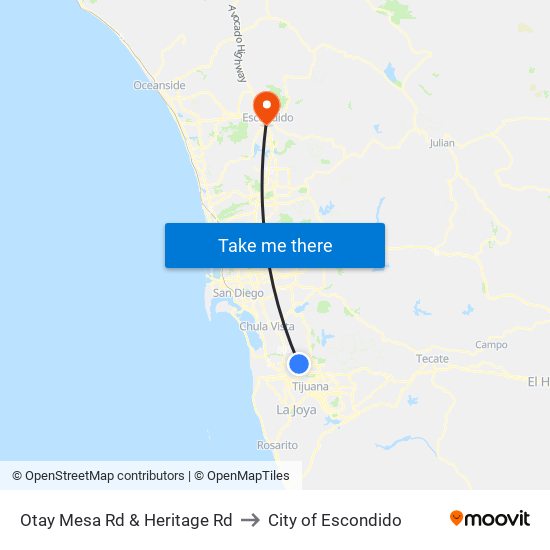 Otay Mesa Rd & Heritage Rd to City of Escondido map