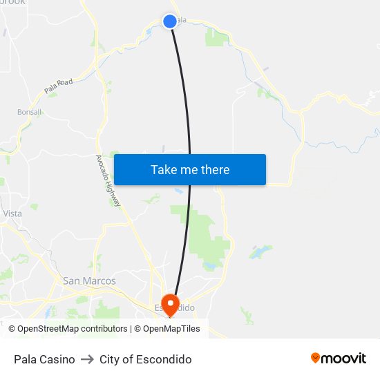 Pala Casino to City of Escondido map