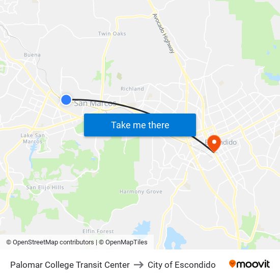 Palomar College Transit Center to City of Escondido map