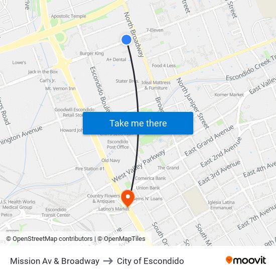 Mission Av & Broadway to City of Escondido map