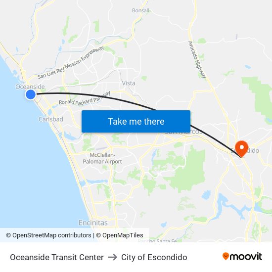Oceanside Transit Center to City of Escondido map