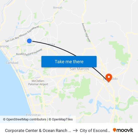 Corporate Center & Ocean Ranch Blvd to City of Escondido map