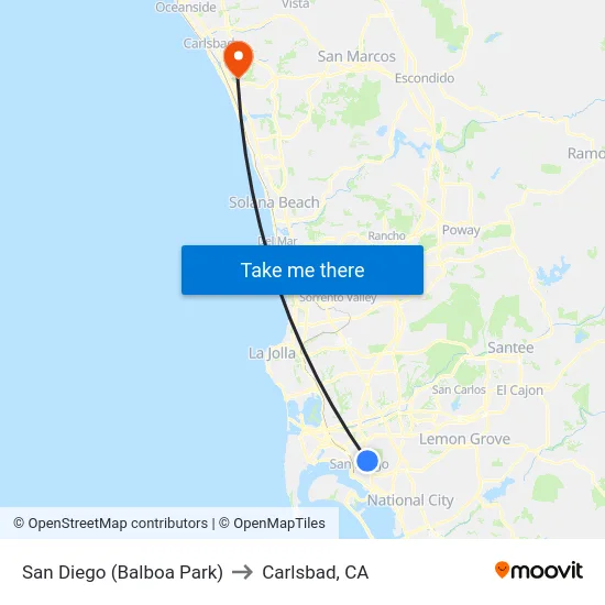 San Diego (Balboa Park) to Carlsbad, CA map
