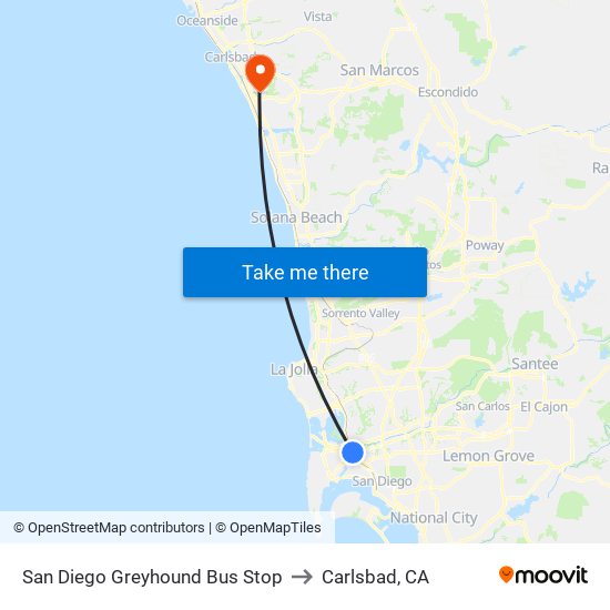 San Diego Greyhound Bus Stop to Carlsbad, CA map