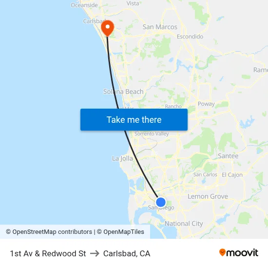 1st Av & Redwood St to Carlsbad, CA map
