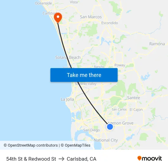 54th St & Redwood St to Carlsbad, CA map