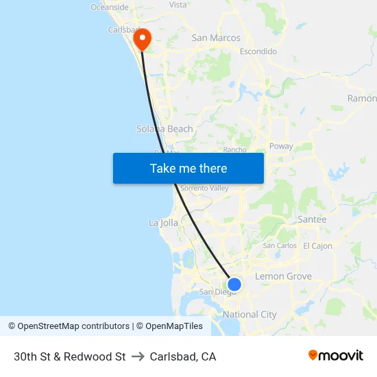 30th St & Redwood St to Carlsbad, CA map