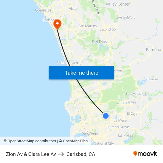 Zion Av & Clara Lee Av to Carlsbad, CA map