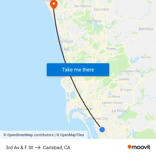3rd Av & F St to Carlsbad, CA map