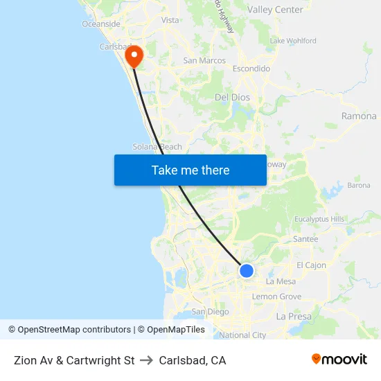 Zion Av & Cartwright St to Carlsbad, CA map