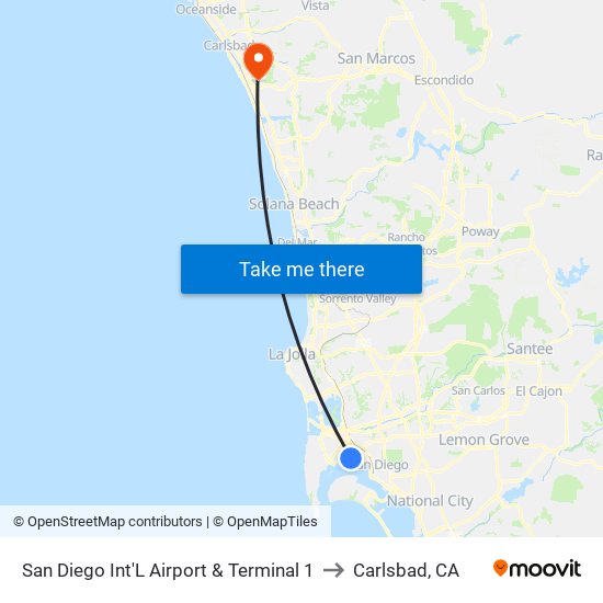 San Diego Int'L Airport & Terminal 1 to Carlsbad, CA map