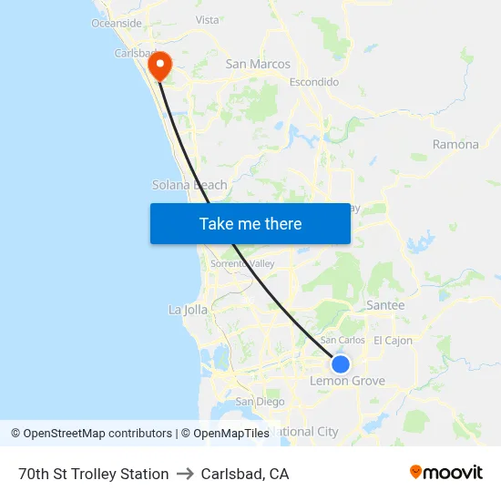 70th St Trolley Station to Carlsbad, CA map